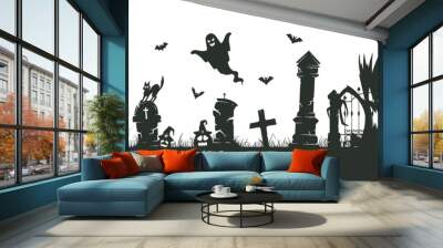 Halloween creepy border. Spooky cemetery silhouettes, halloween decoration with scary trees and gravestones flat vector illustration Wall mural