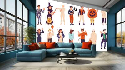 Halloween people wearing masquerade costumes, fall holiday party. Scary Halloween witch, ghost and mummy characters flat vector symbols illustration set. Spooky costume event people Wall mural