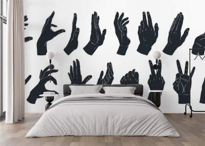 Hands gesture silhouettes. Cartoon human signs, peace, okay, call position. Hand palms gestures flat vector illustration set Wall mural