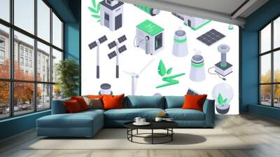 Isometric alternative energy sources, solar battery and windmills. Green renewable energy, electric car and wind generators 3d vector illustration collection. Alternative green energy set Wall mural