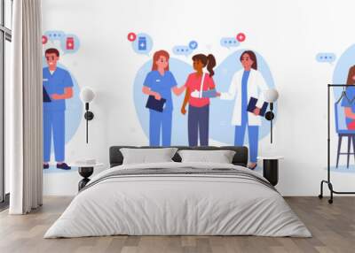 Medical staff with hospital patients. Doctors and patients, doctors and nurses advising and diagnosing patients flat vector illustration set. Clinic professional workers with patients Wall mural