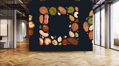 Nuts frames. Cartoon walnut, almond, pistachio and hazelnut frames of circle heart and square shapes flat vector illustration set. Tasty nuts snacks frames Wall mural