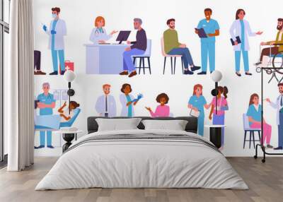 Patients and doctors. Medical staff with clinic patients, doctors and nurses diagnosing and advising patients flat vector illustration set. Hospital professional workers with patients characters Wall mural