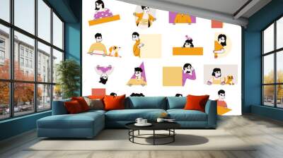 Peeping people, curious characters spying through geometry shapes. Men and women looking out through windows flat vector illustration collection. Spying curious people set Wall mural