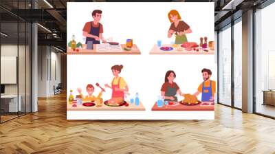 People cooking at home. Families preparing food on house table, homemade meal preparation flat vector illustration set. Cooking characters collection Wall mural