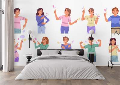 People pointing to something, characters indicating and pointing with index finger. Happy people pointing side, up and down vector symbols illustrations set. Pointing characters Wall mural