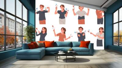 People pointing to something. Characters indicating and pointing with index finger, people pointing side, up and down flat vector illustration set Wall mural