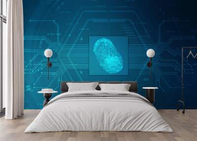 Abstract security system concept with fingerprint on technology background, Fingerprint Scanning Identification System. Biometric Authorization and Business Security Concept Wall mural