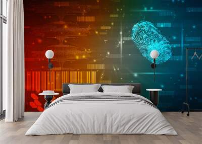 Abstract security system concept with fingerprint on technology background, Fingerprint Scanning Identification System. Biometric Authorization and Business Security Concept Wall mural