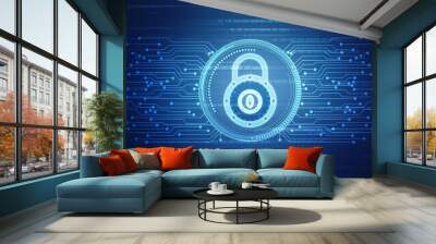 Digital Padlock on abstract technology background, Technology security concept. Modern safety digital background. Protection system, Cyber Security and safety information, personal data concept Wall mural