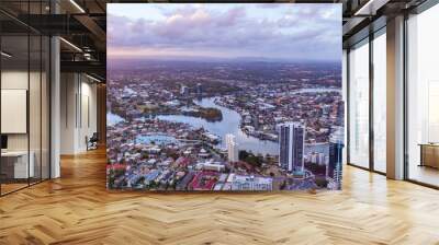 Aerial landscape of Gold Coast luxury real estate and Nerang river at sunset Wall mural