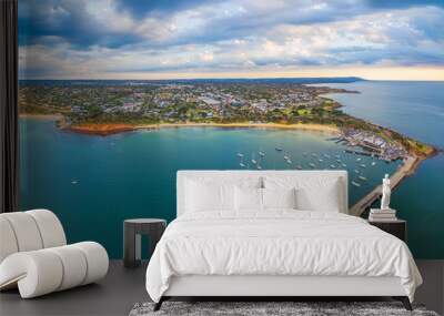 Beautiful aerial panorama of Mornington Peninsula coastline and Mornington Pier at sunset. Melbourne, Victoria, Australia Wall mural