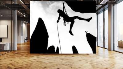 Climber dangling from a rope. Wall mural