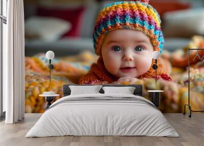 Bright-Eyed Baby Wearing Colorful Crocheted Hat Peeks Over A Knitted Blanket With A Look Of Wonder. Wall mural