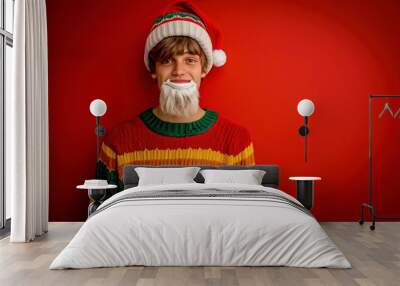 Cheerful Young Man in a Festive Sweater and Santa Hat Poses Against a Red Holiday Backdrop Wall mural