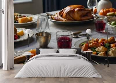 Festive Thanksgiving Dinner With Turkey, Sides, and Desserts Beautifully Arranged on a Dining Table Wall mural