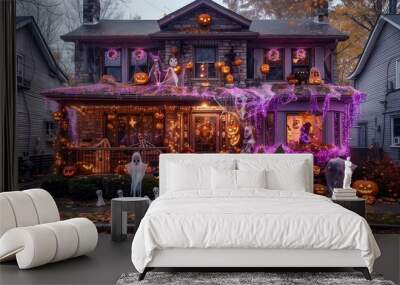 Halloween House with Jack-O'-Lanterns, Ghosts, and Purple Lights Wall mural