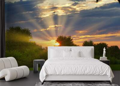 Sunset with a yellow sun and sun rays thru trees. High quality photo. With clouds and sky Wall mural