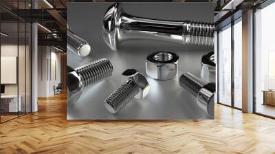 shiny chrome bolts and nuts still life Wall mural