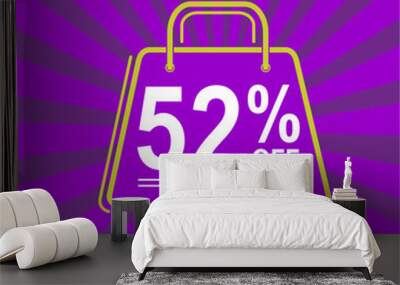 52% off. Purple, white and yellow banner with fifty two percent discount. Shopping bag concept. Wall mural