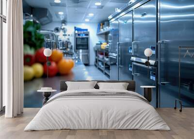 Refrigeration chamber for food storage. A modern commercial kitchen featuring stainless steel appliances and fresh vegetables on the counter Wall mural