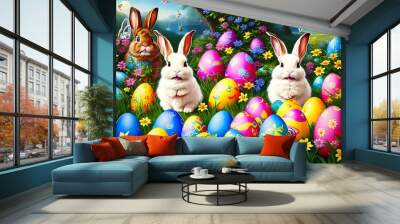 easter bunny and easter eggs Wall mural