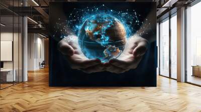 Hands holding circular globe of Earth, containing information and data, in luminous 3D model style. Wall mural