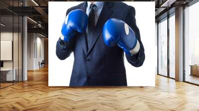 Young man in a suit and blue boxing gloves, isolated on white background Wall mural