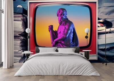 A retro analog TV set showing an old greek statue representing Asklepios (the god of medicine), glossy marble material (pink and blue lighting), over a vaporwave graded background.
 Wall mural