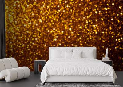 Abstract gold blured sparkling background with focused area. Holiday festive concept. Glitter confetti. Christmas lights. Wall mural