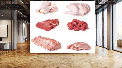 Pieces of raw chicken, beef and pork meat Wall mural