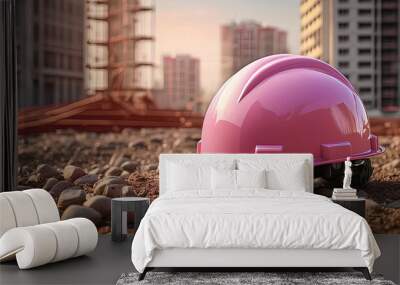 A pink construction helmet lies on the gravel of a construction site. Wall mural