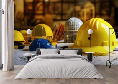 Constructors engineer table with yellow color safety helmet, tools and construction drawing blueprint Wall mural