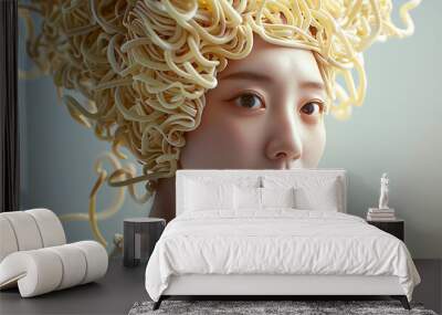 Young Asian woman with hair made of noodles. Japanese model with surrealistic hairstyle. Asian cuisine concept  Wall mural