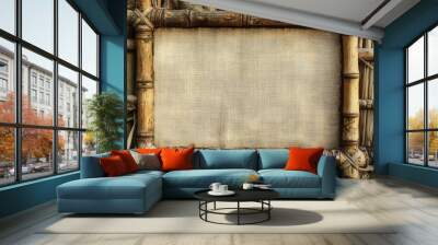 A bamboo-textured wall with a rustic wooden frame, the center left blank to emphasize the natural materials  Wall mural