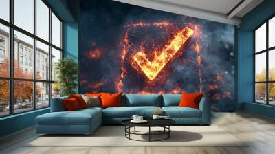 A checkmark icon outlined with glowing embers. Wall mural