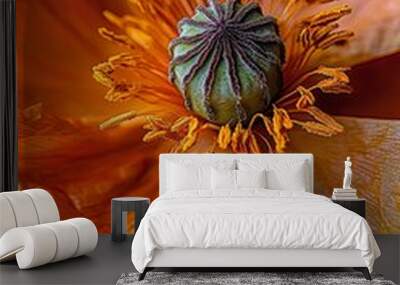 A close-up of a bright orange poppy flower, capturing the delicate folds of its petals and the contrasting dark center.  Wall mural