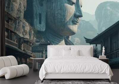 A closeup 3D render of an elegant ancient china city, with a giant buddha statue carved on a mountain in the background, minimalist style with subtle colors, soft lighting Wall mural