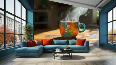 A colorful hot cup of coffee on a wooden table, with steam rising in the morning light.  Wall mural