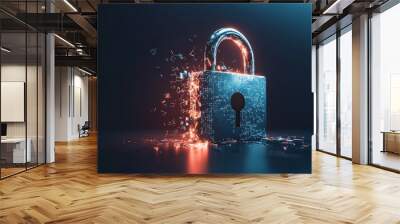 A cracked padlock icon with information leaking out, representing a data breach.  Wall mural