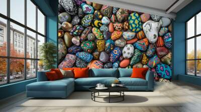 A dense collection of small rocks painted with various designs and colors, filling the entire frame. The rocks display patterns, animals, and abstract art, creating a whimsical and creative background Wall mural