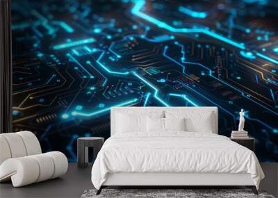 A detailed view of a circuit board with clean lines and glowing blue accents. Wall mural