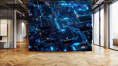 A detailed view of a circuit board with clean lines and glowing blue accents. Wall mural