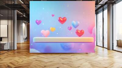 A floating empty platform with colorful love shaped objects dreamy background  Wall mural