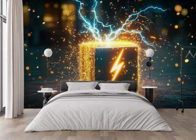 A glowing gift box with a glowing lightning bolt icon shooting out, surrounded by electric sparks.  Wall mural