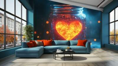 A glowing heart-shaped object in a jar with beautiful dreamy background  Wall mural