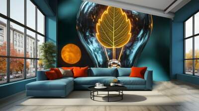 A glowing lightbulb with a leaf icon inside, representing eco-friendly and sustainable innovations. Wall mural