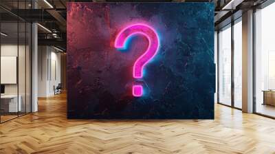 A glowing neon question mark icon on a dark background, with soft blue and pink lights creating a visually striking contrast. - Wall mural