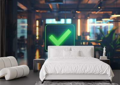 A green checklist icon on an office background for cyber security and compliance Wall mural