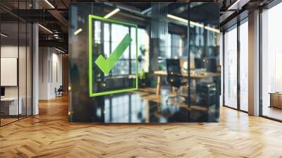 A green checklist icon on an office background for cyber security and compliance Wall mural